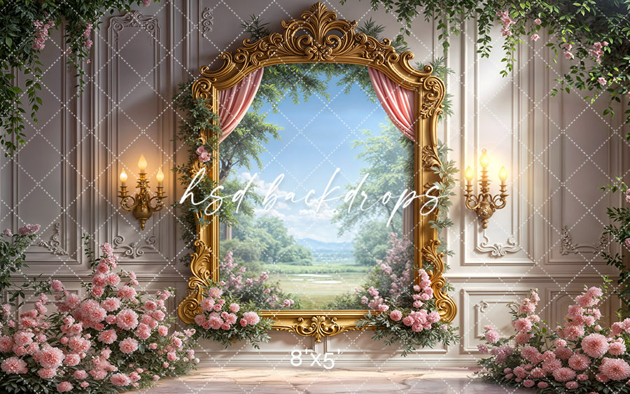 Gilded Garden Frame backdrop with gold frame, pink flowers, and countryside view