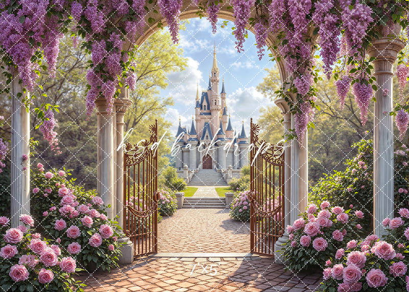 Castle Garden Entrance backdrop with roses, wisteria, columns, and castle path