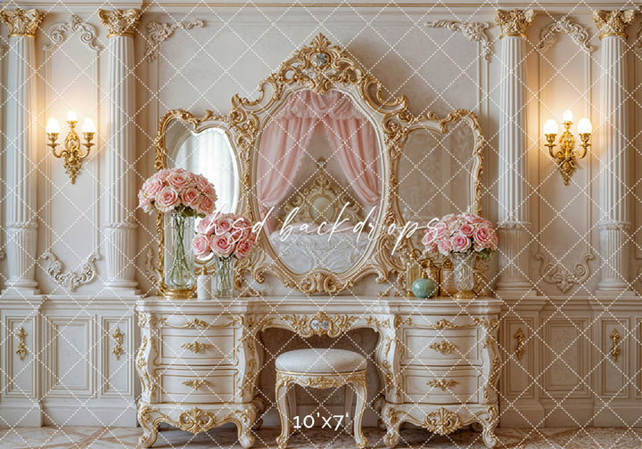 Princess Vanity Room – Elegant Gold Mirror Backdrop