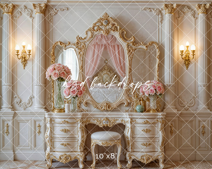 Princess Vanity Room – Elegant Gold Mirror Backdrop
