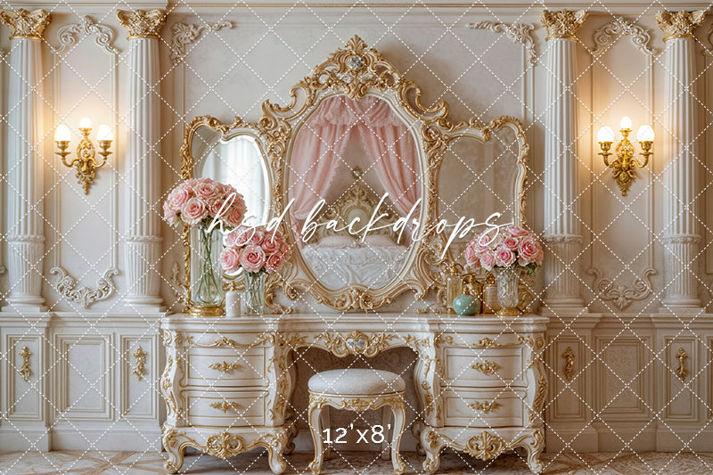 Princess Vanity Room – Elegant Gold Mirror Backdrop