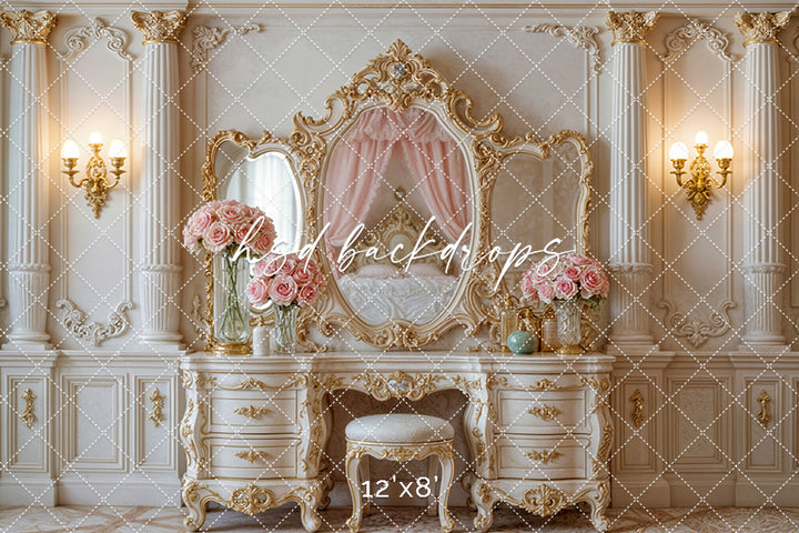 Princess Vanity Room – Elegant Gold Mirror Backdrop