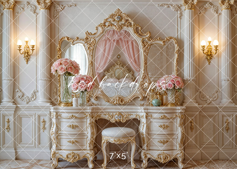Princess Vanity Room backdrop with gold vanity, pink roses, and ornate mirrors