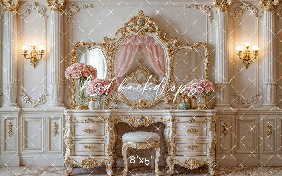 Princess Vanity Room – Elegant Gold Mirror Backdrop