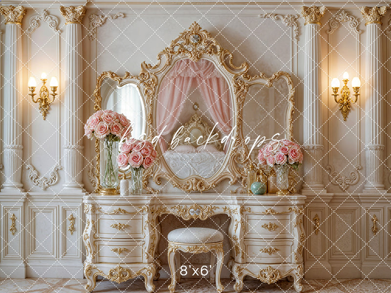 Princess Vanity Room – Elegant Gold Mirror Backdrop