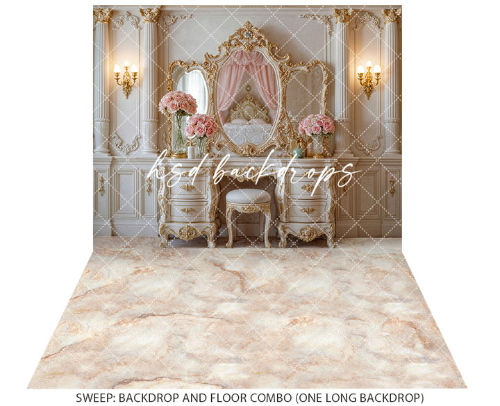 Princess Vanity Room – Elegant Gold Mirror Backdrop