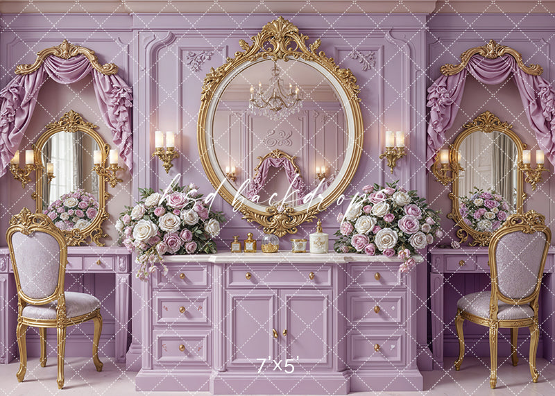 Lavender Vanity Dream backdrop with gold mirrors, lavender vanity, and pink roses