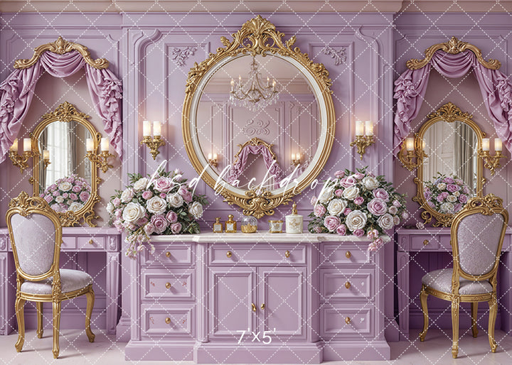 Lavender Vanity Dream backdrop with gold mirrors, lavender vanity, and pink roses