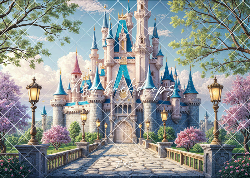 Royal Castle Bridge backdrop with teal-turreted castle, stone bridge, and pink trees