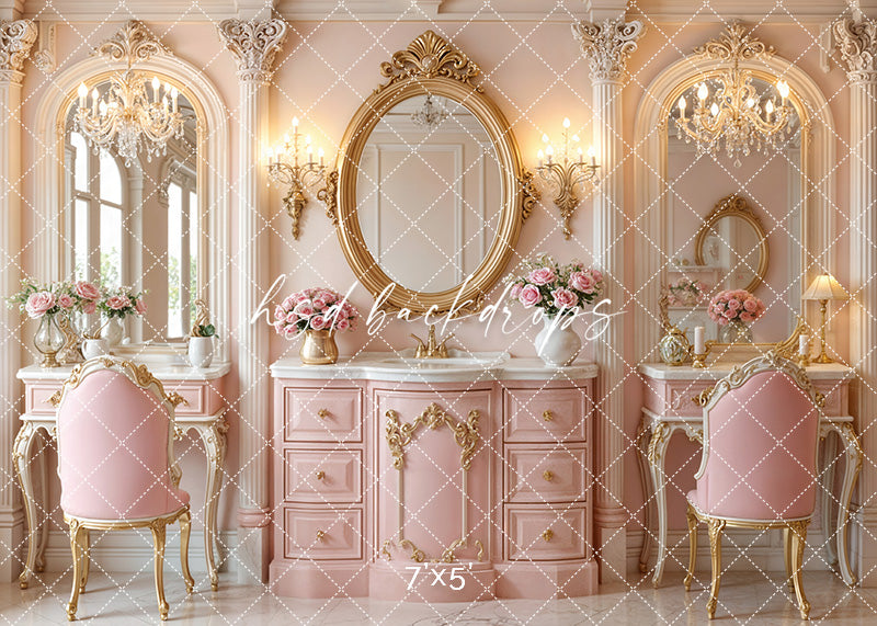 Blush Vanity Palace backdrop with pink vanities, gold mirrors, and chandeliers