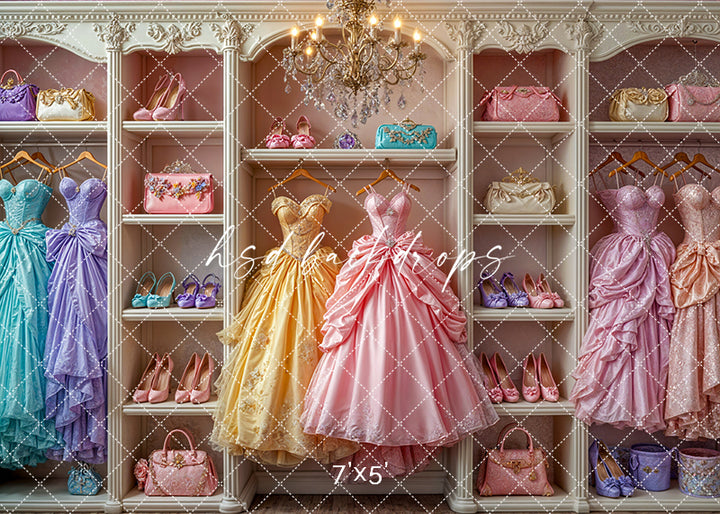 Princess Dress Closet backdrop with colorful gowns, shoes, purses, and chandelier