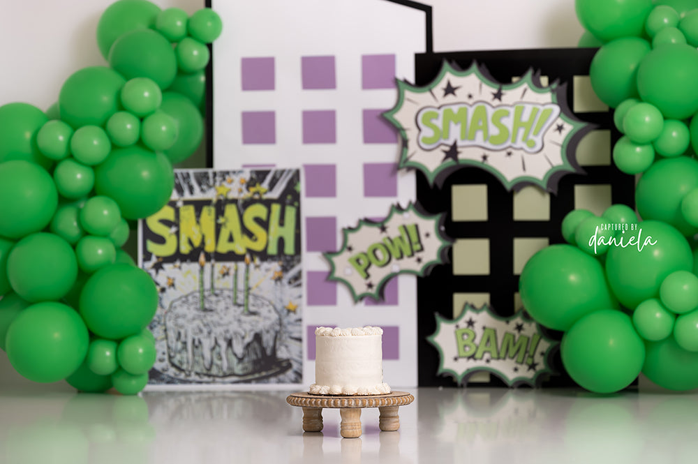     Smash City backdrop with comic buildings, green balloons, and SMASH text