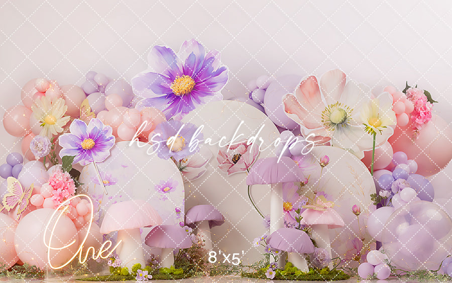Whimsical Fairy Garden – Lavender Mushroom Cake Smash Backdrop