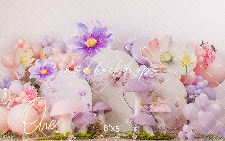 Whimsical Fairy Garden – Lavender Mushroom Cake Smash Backdrop