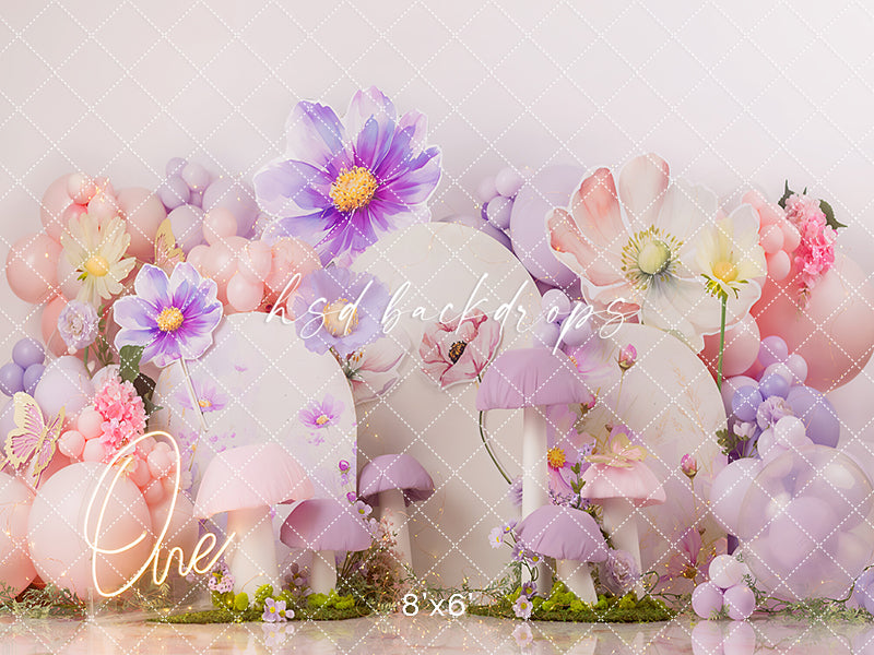 Whimsical Fairy Garden – Lavender Mushroom Cake Smash Backdrop