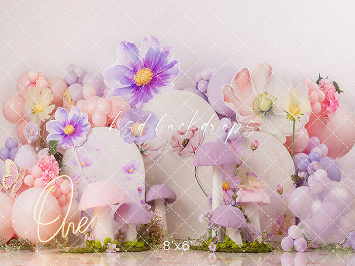 Whimsical Fairy Garden – Lavender Mushroom Cake Smash Backdrop