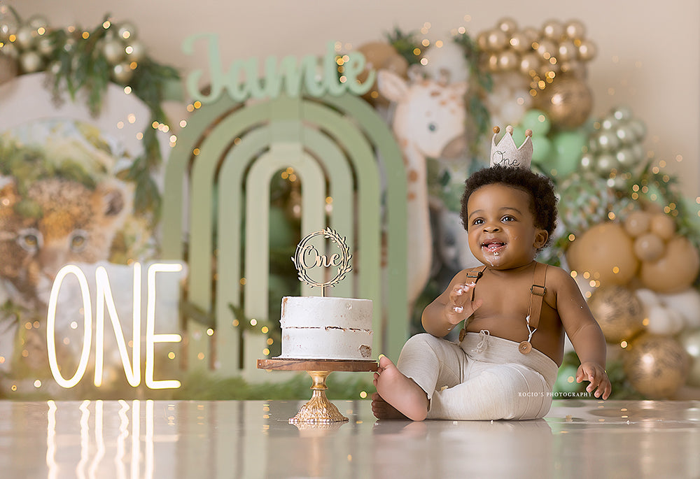 Safari Baby Bash backdrop with baby leopard, elephant, jungle leaves, and gold balloons