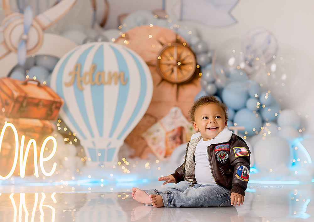 Adventure Awaits – Blue Travel Themed Cake Smash Backdrop