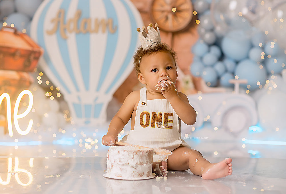 Adventure Awaits – Blue Travel Themed Cake Smash Backdrop