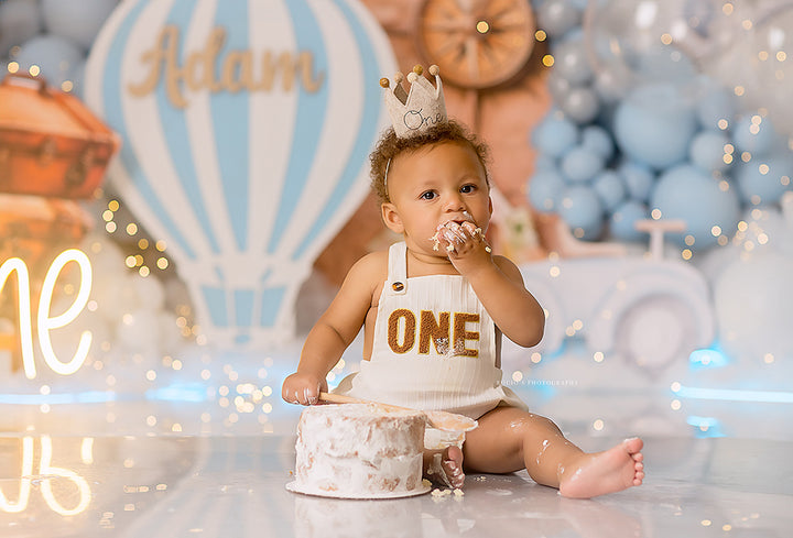 Adventure Awaits – Blue Travel Themed Cake Smash Backdrop