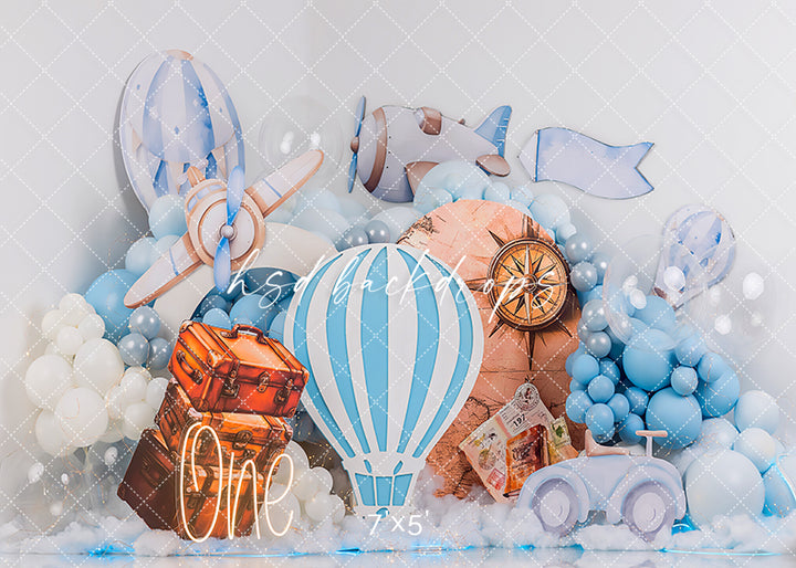 Adventure Awaits – Blue Travel Themed Cake Smash Backdrop