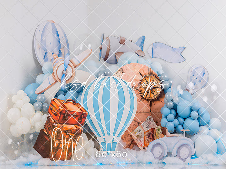 Adventure Awaits – Blue Travel Themed Cake Smash Backdrop