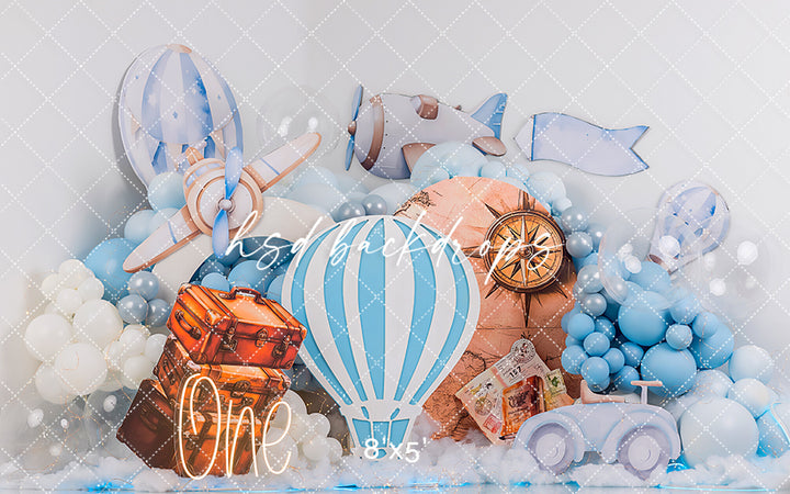 Adventure Awaits – Blue Travel Themed Cake Smash Backdrop