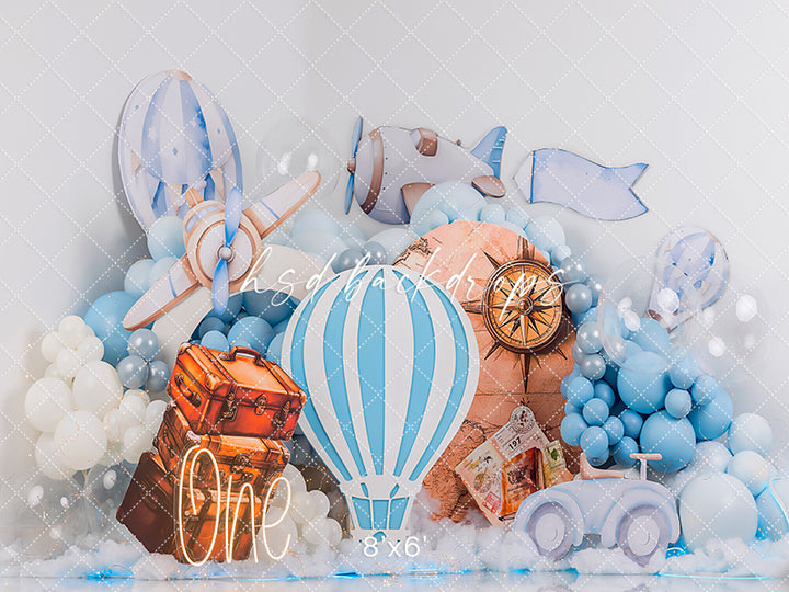 Adventure Awaits – Blue Travel Themed Cake Smash Backdrop