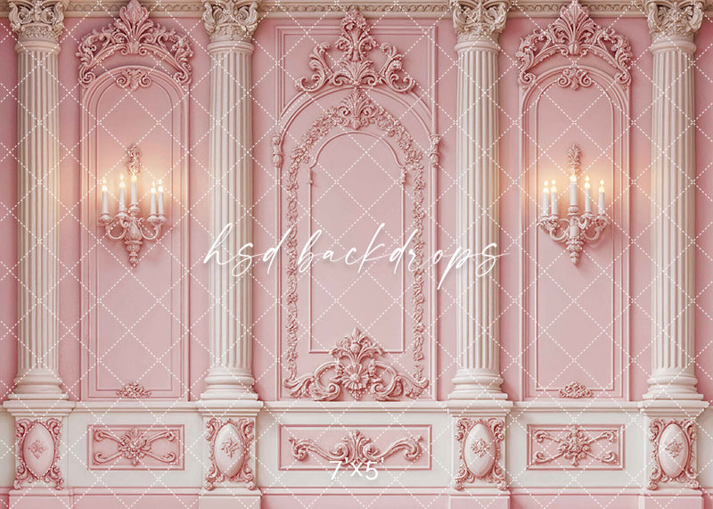 Elegant pink rococo panel wall backdrop with ornate carvings and sconces