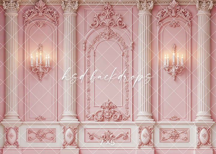 Elegant pink rococo panel wall backdrop with ornate carvings and sconces