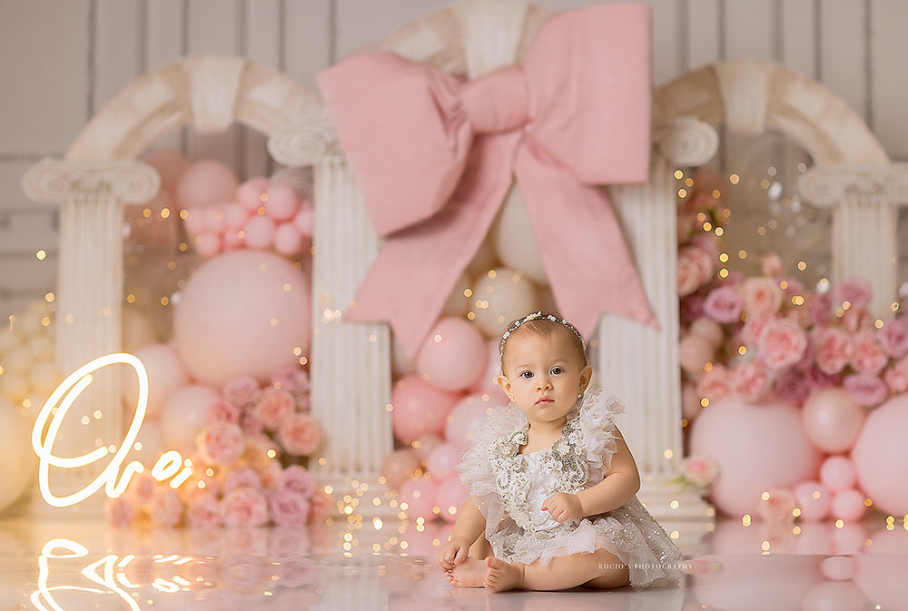 Blush Elegance Bow Arch – Pink Balloon Birthday Backdrop