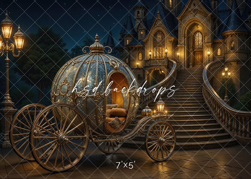 Cinderella backdrop with golden carriage and castle staircase for photography