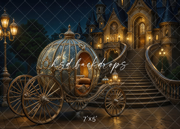 Cinderella backdrop with golden carriage and castle staircase for photography