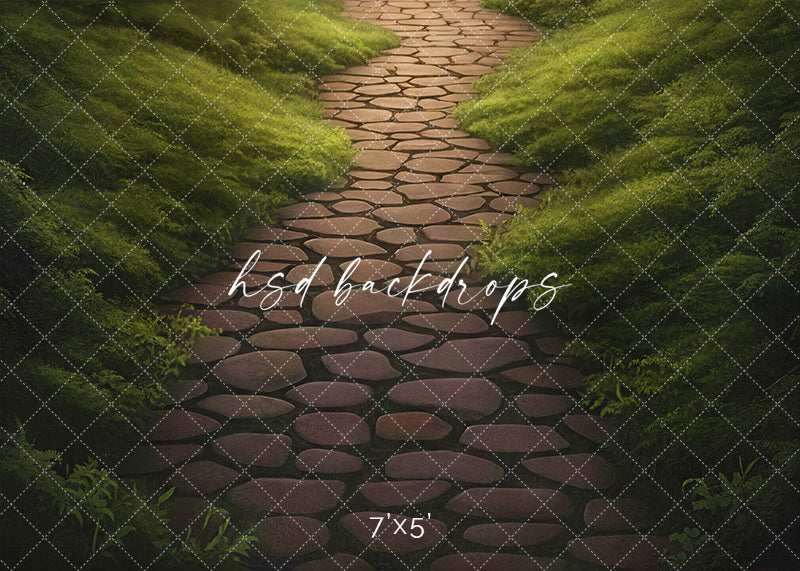 Enchanted Forest Path Stone Floor photography backdrop with realistic stone pathway and greenery.
