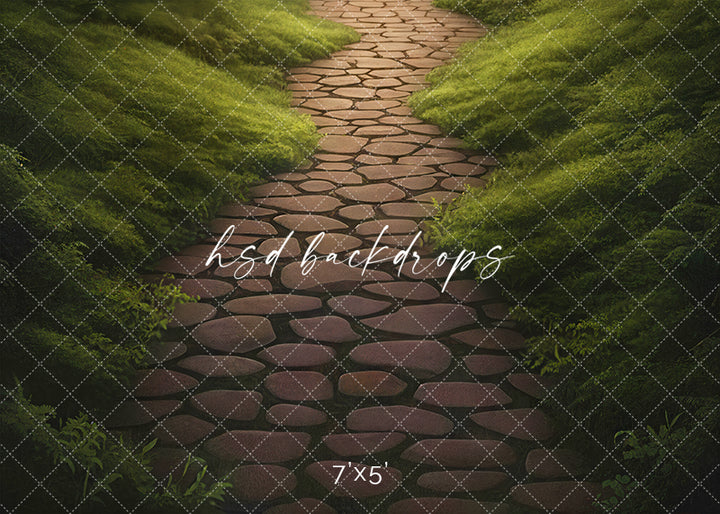 Enchanted Forest Path Stone Floor photography backdrop with realistic stone pathway and greenery.