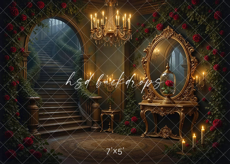 Beauty and the Beast inspired Enchanted Rose Ballroom photography backdrop with roses, chandelier, and golden mirror.