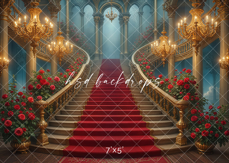 Elegant fairytale castle staircase photography backdrop with red carpet, golden chandeliers, and roses – Enchanted Ballroom design by HSD Backdrops.
