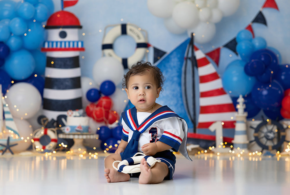 Anchors Away Nautical Beach Photography Backdrop with lighthouse, anchors, and coastal blue tones for summer and sailor-themed photoshoots.