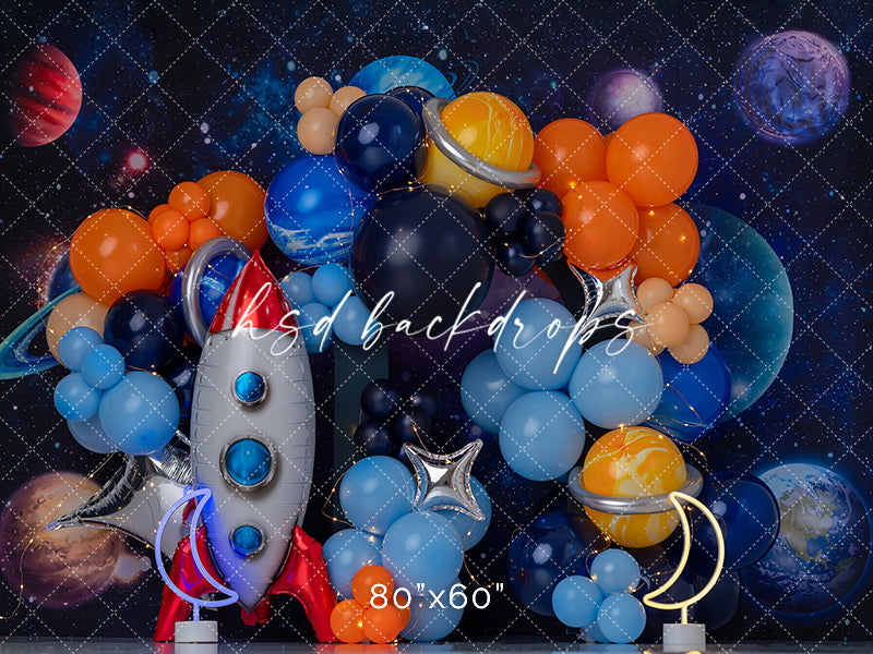 Blast Off to Space Rocket Photography Backdrop with planets, stars, and galaxy design for outer space birthday and cake smash photoshoots.