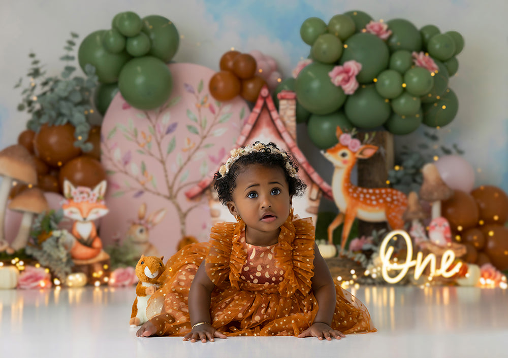 Forest Friends Woodland Cottage photography backdrop with deer, fox, bunny, mushrooms, and floral woodland scenery for birthday and cake smash photoshoots.