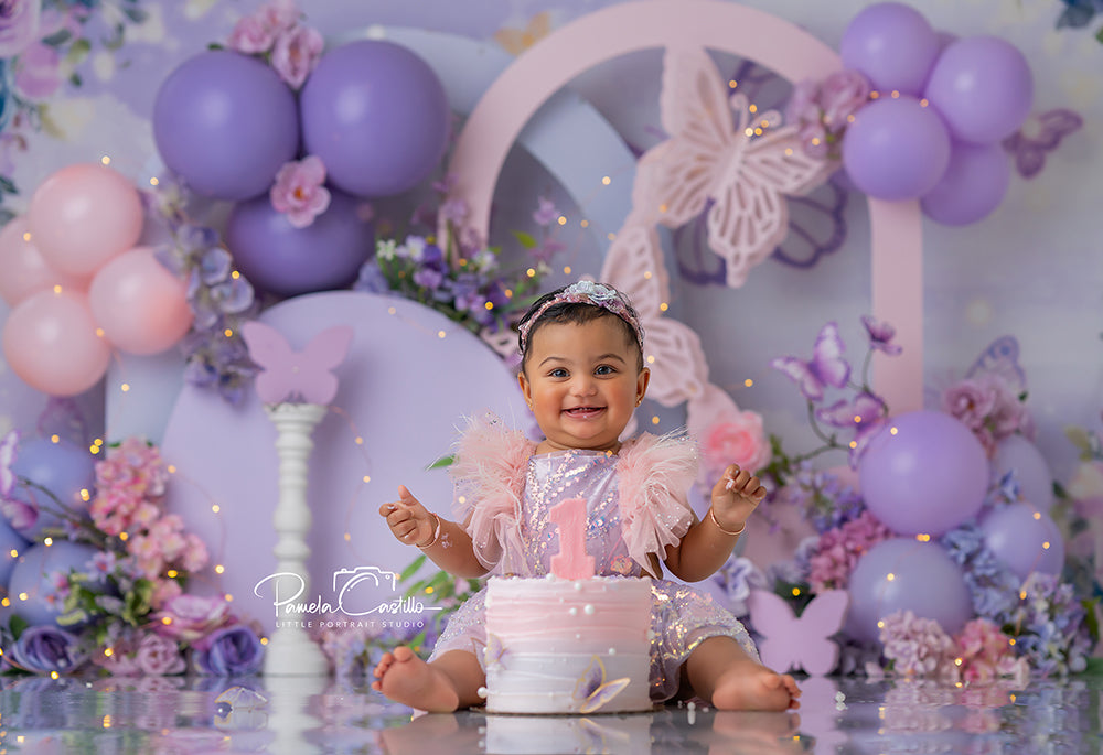 Lavender Dreams Butterfly Garden Backdrop with purple balloons, butterflies, and pastel flowers for photography.