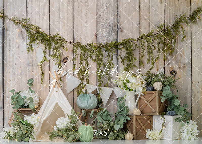 Sage Harvest Teepee – Rustic Fall Cake Smash Backdrop