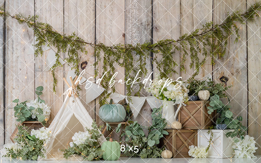 Sage Harvest Teepee – Rustic Fall Cake Smash Backdrop