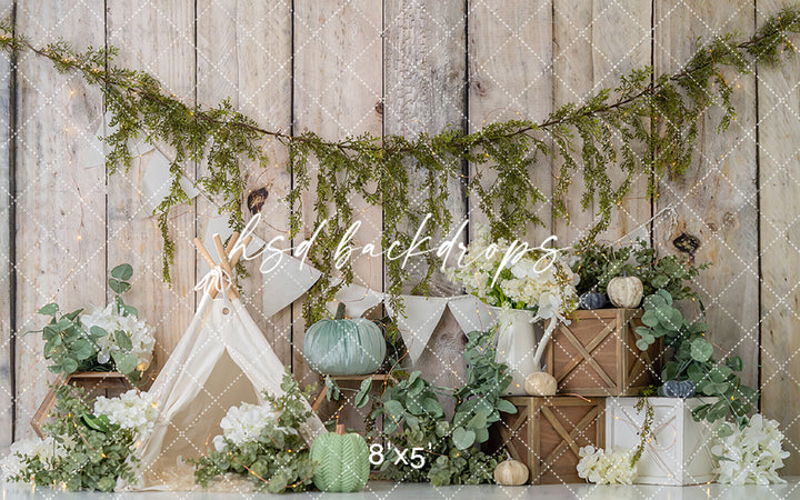 Sage Harvest Teepee – Rustic Fall Cake Smash Backdrop