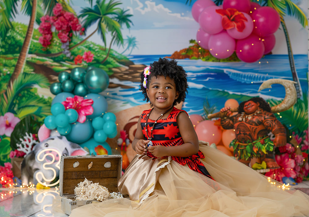 Tropical island photography backdrop with ocean waves, palm trees, and bright floral accents inspired by ocean voyages.