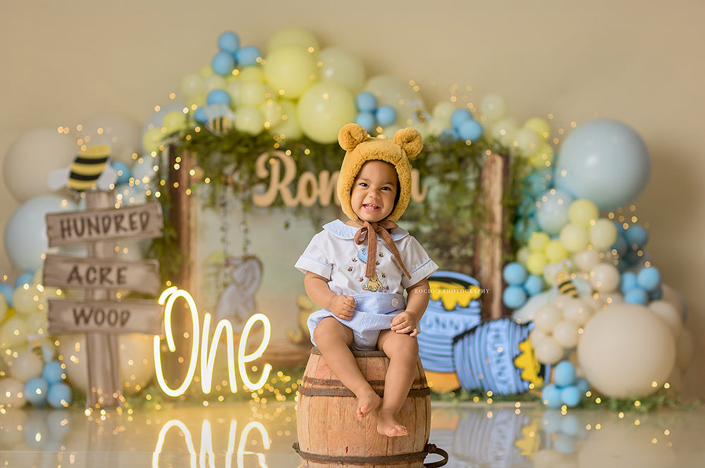 Hundred Acre Celebration Winnie-inspired photography backdrop with honey pots, bees, and woodland characters.