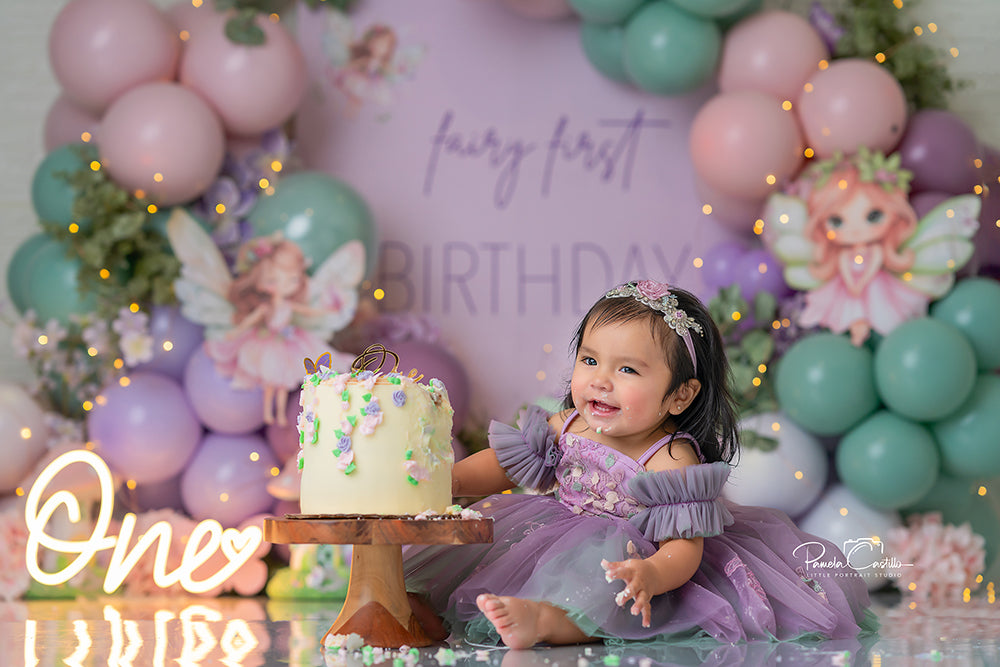 Fairy First Birthday photography backdrop with pastel balloons, pink and mint fairy accents, butterflies, and mushrooms for whimsical birthday and cake smash portraits.