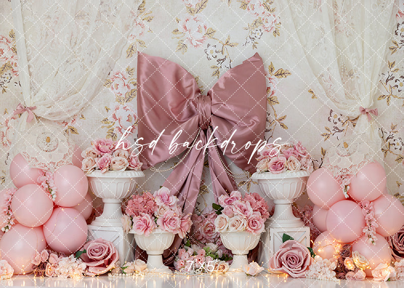 Vintage Roses Celebration – Pink Bow Cake Smash Backdrop