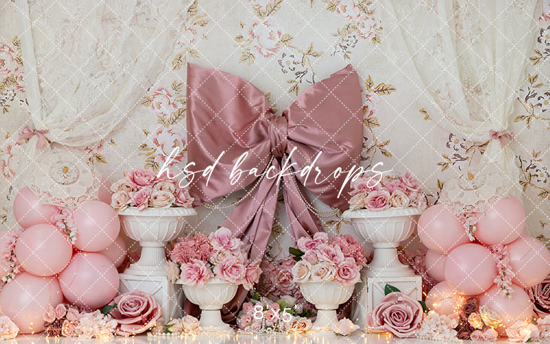 Vintage Roses Celebration – Pink Bow Cake Smash Backdrop