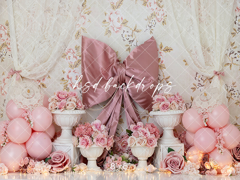 Vintage Roses Celebration – Pink Bow Cake Smash Backdrop